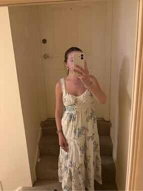 Women's Cream Floral Maxi Dress with Blue Print